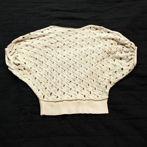 vintage Tops - VINTAGE Beige Open Knit Puff Dolman Sleeve Cropped Sweater EUC